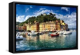 Portofino Harbor Low Angle View, Liguria, Italy-George Oze-Framed Stretched Canvas