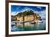 Portofino Harbor Low Angle View, Liguria, Italy-George Oze-Framed Photographic Print