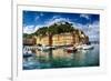 Portofino Harbor Low Angle View, Liguria, Italy-George Oze-Framed Photographic Print