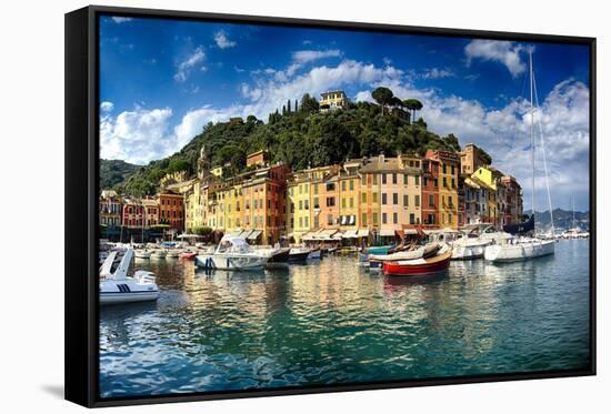 Portofino Harbor Low Angle View, Liguria, Italy-George Oze-Framed Stretched Canvas