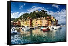 Portofino Harbor Low Angle View, Liguria, Italy-George Oze-Framed Stretched Canvas