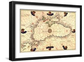 Portolan or Navigational Map of the Black Sea Showing Anthropomorphic Winds-Battista Agnese-Framed Art Print