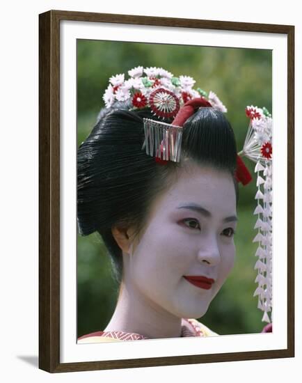 Portrait, Apprentice Geisha (Maiko), Woman Dressed in Traditional Costume, Japan-null-Framed Premium Photographic Print