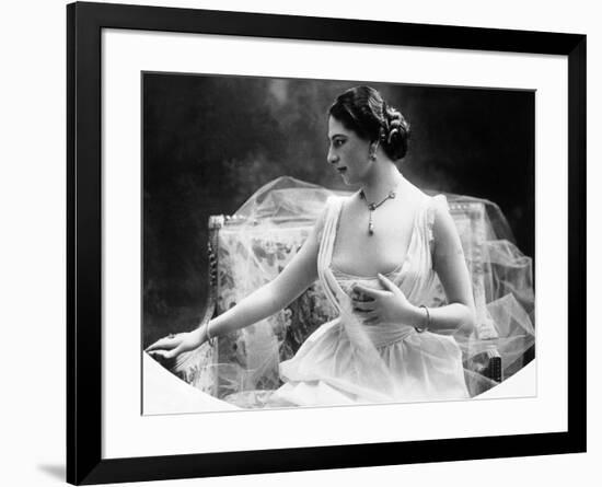 Portrait around, 1900 of the famous Dutch dancer MATA HARI, in a white dress (b/w photo)-null-Framed Photo