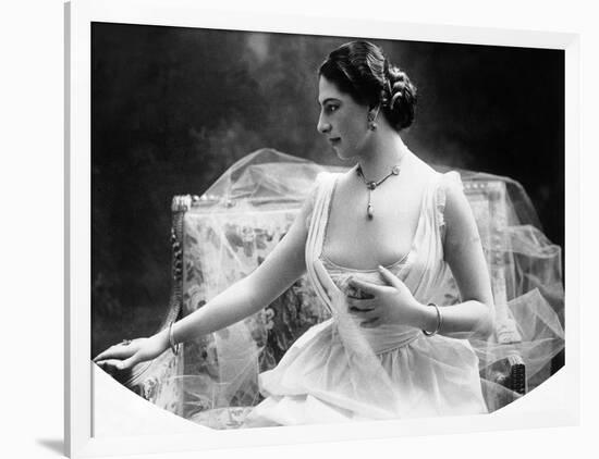 Portrait around, 1900 of the famous Dutch dancer MATA HARI, in a white dress (b/w photo)-null-Framed Photo