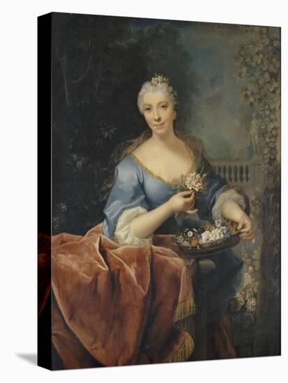 Portrait de dame tenant une corbeille de Fleurs sur fond de parc avec une balustrade et une statue-Jean Raoux-Stretched Canvas