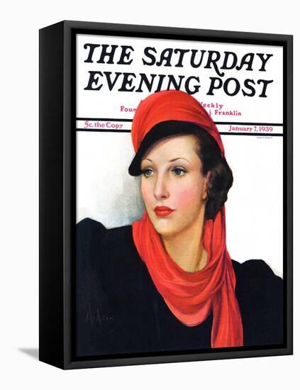 "Portrait in Black and Red," Saturday Evening Post Cover, January 7, 1939-Neysa Mcmein-Framed Stretched Canvas