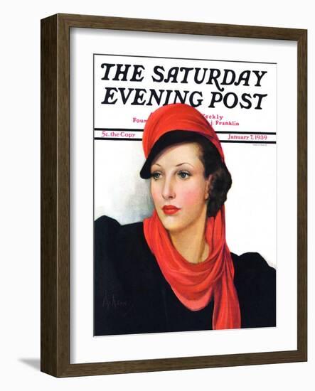 "Portrait in Black and Red," Saturday Evening Post Cover, January 7, 1939-Neysa Mcmein-Framed Premium Giclee Print
