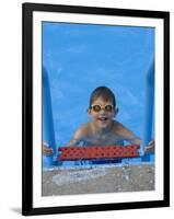 Portrait of 9 Year Old Boy in Swimming Pool, Kiamesha Lake, New York, USA-Paul Sutton-Framed Photographic Print