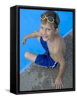 Portrait of 9 Year Old Boy Sitting at the Edge of the Swimming Pool, Kiamesha Lake, New York, USA-Paul Sutton-Framed Stretched Canvas