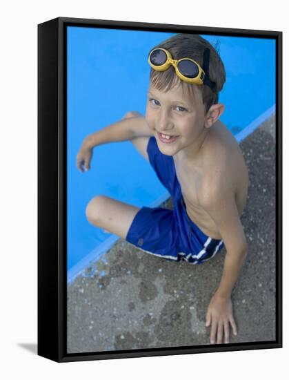 Portrait of 9 Year Old Boy Sitting at the Edge of the Swimming Pool, Kiamesha Lake, New York, USA-Paul Sutton-Framed Stretched Canvas