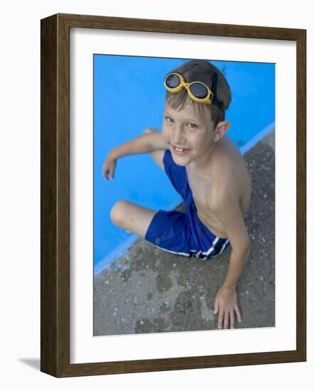 Portrait of 9 Year Old Boy Sitting at the Edge of the Swimming Pool, Kiamesha Lake, New York, USA-Paul Sutton-Framed Photographic Print