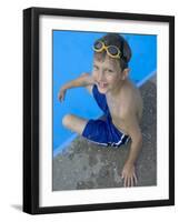 Portrait of 9 Year Old Boy Sitting at the Edge of the Swimming Pool, Kiamesha Lake, New York, USA-Paul Sutton-Framed Photographic Print