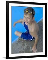 Portrait of 9 Year Old Boy Sitting at the Edge of the Swimming Pool, Kiamesha Lake, New York, USA-Paul Sutton-Framed Photographic Print