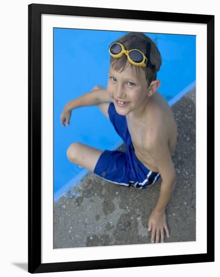 Portrait of 9 Year Old Boy Sitting at the Edge of the Swimming Pool, Kiamesha Lake, New York, USA-Paul Sutton-Framed Photographic Print