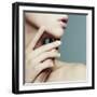 Portrait of a Beautiful Girl Face in Profile against a Blue Background-Yuliya Yafimik-Framed Photographic Print