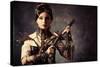 Portrait Of A Beautiful Steampunk Woman Holding A Gun Over Grunge Background-prometeus-Stretched Canvas