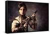 Portrait Of A Beautiful Steampunk Woman Holding A Gun Over Grunge Background-prometeus-Framed Stretched Canvas