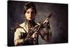 Portrait Of A Beautiful Steampunk Woman Holding A Gun Over Grunge Background-prometeus-Stretched Canvas