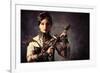 Portrait Of A Beautiful Steampunk Woman Holding A Gun Over Grunge Background-prometeus-Framed Art Print