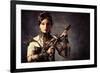 Portrait Of A Beautiful Steampunk Woman Holding A Gun Over Grunge Background-prometeus-Framed Art Print