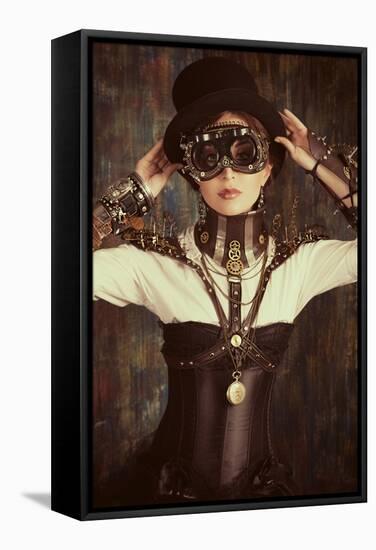 Portrait Of A Beautiful Steampunk Woman Over Grunge Background-prometeus-Framed Stretched Canvas