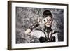 Portrait Of A Beautiful Steampunk Woman Over Grunge Background-prometeus-Framed Art Print