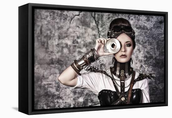 Portrait Of A Beautiful Steampunk Woman Over Grunge Background-prometeus-Framed Stretched Canvas
