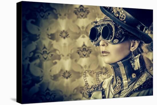 Portrait Of A Beautiful Steampunk Woman Over Vintage Background-prometeus-Stretched Canvas