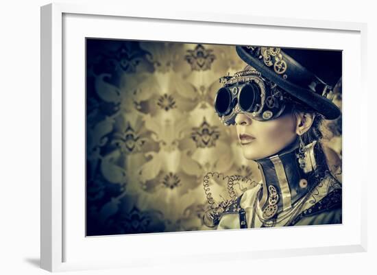 Portrait Of A Beautiful Steampunk Woman Over Vintage Background-prometeus-Framed Art Print