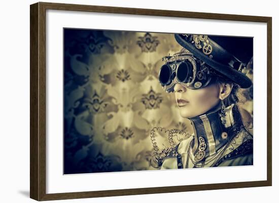 Portrait Of A Beautiful Steampunk Woman Over Vintage Background-prometeus-Framed Art Print