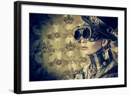 Portrait Of A Beautiful Steampunk Woman Over Vintage Background-prometeus-Framed Art Print