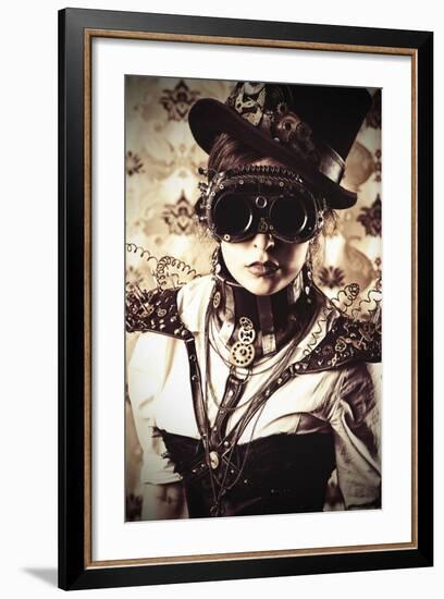 Portrait Of A Beautiful Steampunk Woman Over Vintage Background-prometeus-Framed Art Print