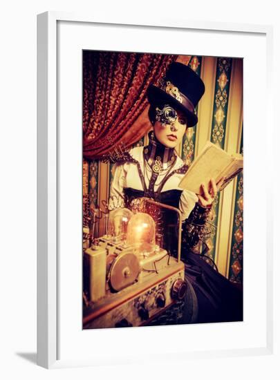 Portrait Of A Beautiful Steampunk Woman Over Vintage Background-prometeus-Framed Art Print