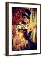 Portrait Of A Beautiful Steampunk Woman Over Vintage Background-prometeus-Framed Art Print