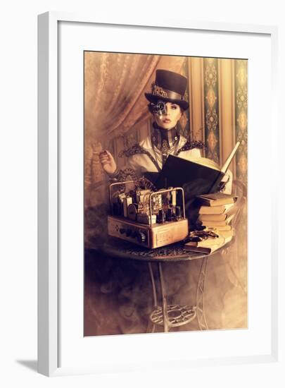 Portrait Of A Beautiful Steampunk Woman Over Vintage Background-prometeus-Framed Art Print