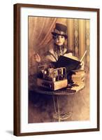 Portrait Of A Beautiful Steampunk Woman Over Vintage Background-prometeus-Framed Art Print