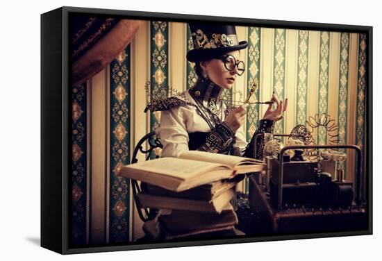 Portrait Of A Beautiful Steampunk Woman Over Vintage Background-prometeus-Framed Stretched Canvas