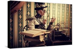 Portrait Of A Beautiful Steampunk Woman Over Vintage Background-prometeus-Stretched Canvas