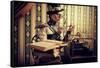 Portrait Of A Beautiful Steampunk Woman Over Vintage Background-prometeus-Framed Stretched Canvas