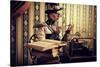 Portrait Of A Beautiful Steampunk Woman Over Vintage Background-prometeus-Stretched Canvas