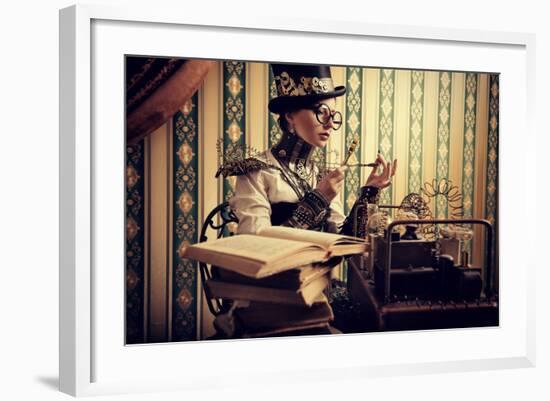 Portrait Of A Beautiful Steampunk Woman Over Vintage Background-prometeus-Framed Art Print