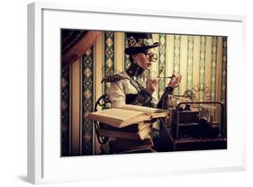 Portrait Of A Beautiful Steampunk Woman Over Vintage Background-prometeus-Framed Art Print