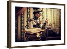 Portrait Of A Beautiful Steampunk Woman Over Vintage Background-prometeus-Framed Art Print