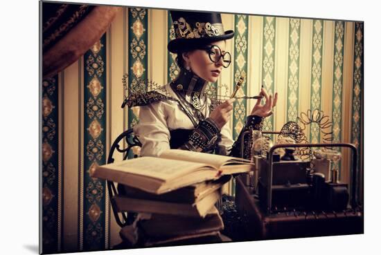 Portrait Of A Beautiful Steampunk Woman Over Vintage Background-prometeus-Mounted Art Print