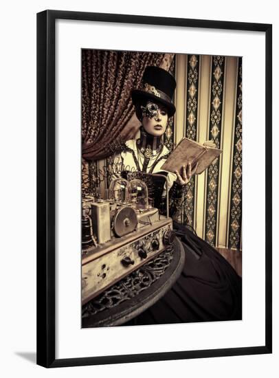 Portrait Of A Beautiful Steampunk Woman Over Vintage Background-prometeus-Framed Art Print