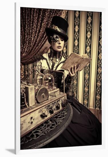 Portrait Of A Beautiful Steampunk Woman Over Vintage Background-prometeus-Framed Art Print