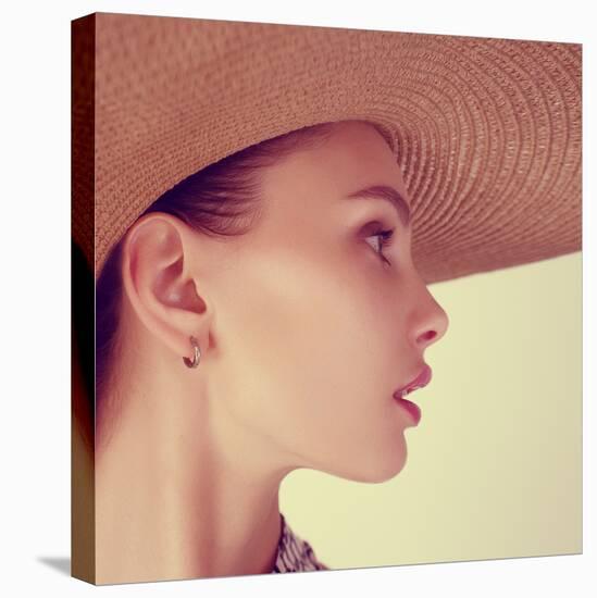 Portrait of a Beautiful Young Brunette Woman in a Hat-Yuliya Yafimik-Stretched Canvas