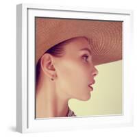 Portrait of a Beautiful Young Brunette Woman in a Hat-Yuliya Yafimik-Framed Photographic Print