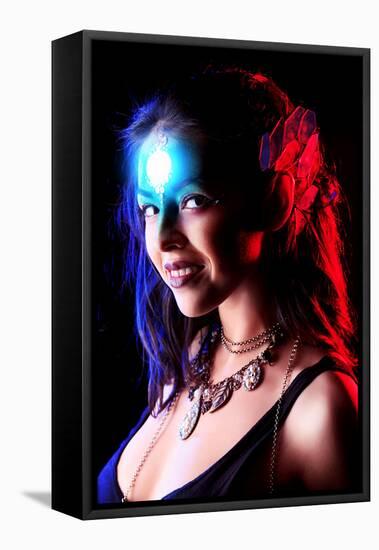 Portrait of a Beautiful Young Woman with Fantasy Makeup. Black Background.-prometeus-Framed Stretched Canvas